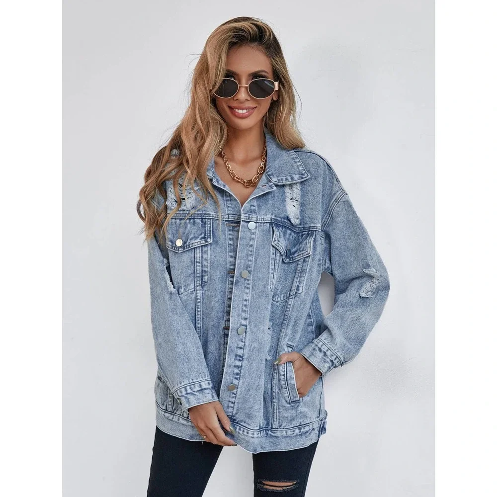 Oversized distressed ripped Front Flap Pocket Drop Shoulder Denim jean Jacket - Picture 6 of 8